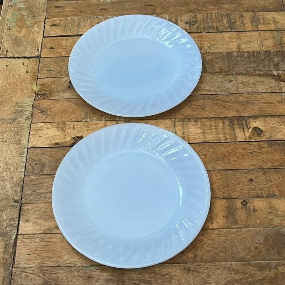 Vintage Fire King Azurite Delphite Blue Salad Plates 9" (2) Swirl Milk Glass